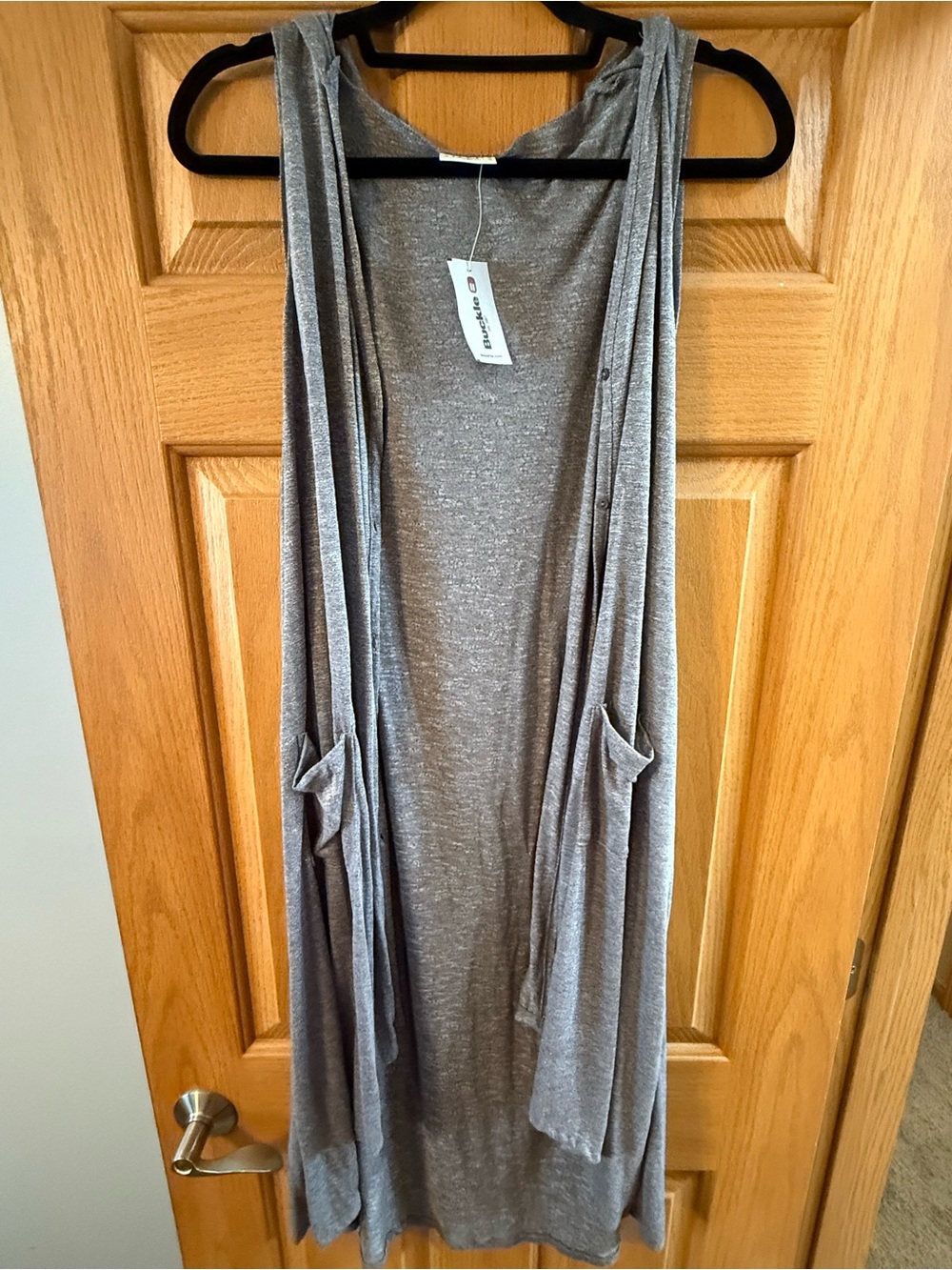 h.i.p. Buckle Gray Sleeveless Open-Front Duster Vest with Buttons and Hood